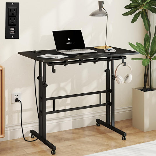 SIDUCAL Portable Standing Desk Adjustable Height, Rolling Computer Desk on Wheels, Mobile Home Office Workstation with USB Ports and Outlets, Laptop Cart for Standing or Sitting, 31.5" x 23.6" Black