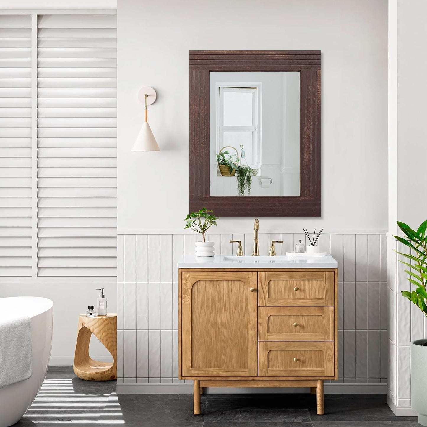 Wood Wall Mirror Rectangular Framed Rustic Vintage Mirrors Decor Farmhouse Bedroom Bathroom Mirror for Dressing Table Entrance Large 26"x18" Brown