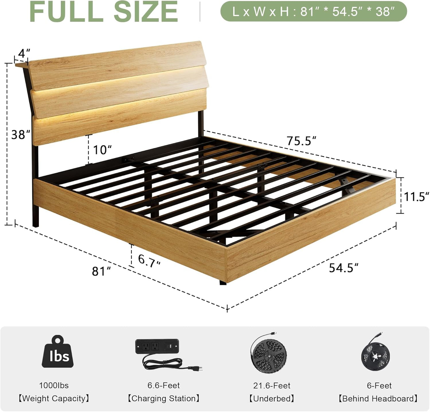 Feonase Floating Bed Frame Full with Led Lights and Charging Station, Wood Full Size Bed Frame with Storage Headboard, Heavy Duty Metal Slats, No Box Spring Needed, Easy Assembly,Oak