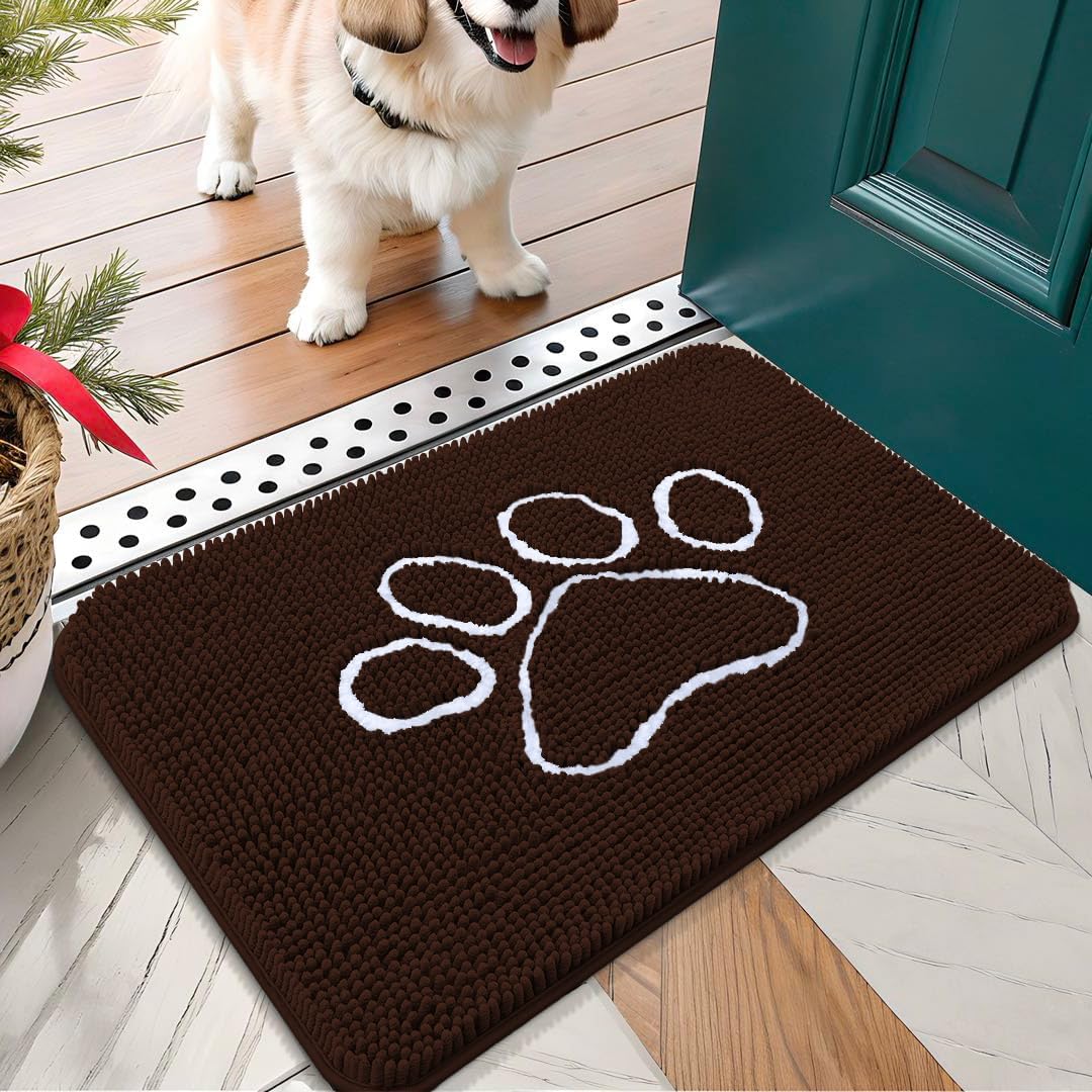 OLANLY Door Mat for Muddy Dog Paws 24x16, Ultra Absorbent Chenille Mud Doormat with Paw Print Design, Non-Slip Washable Doormat for Indoor Entryway, Quick-Dry Pet Bed Mats for Dirty Dogs, Brown