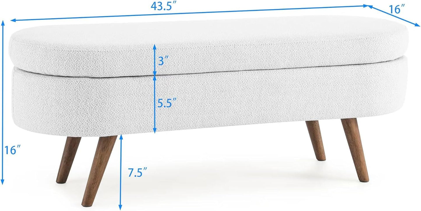 Ottoman Oval Storage Bench with Rubber Wood Legs,Linen Fabric Storage Footstool,for Bedroom, Entryway, Living Room, White(43.5"x16"x16")