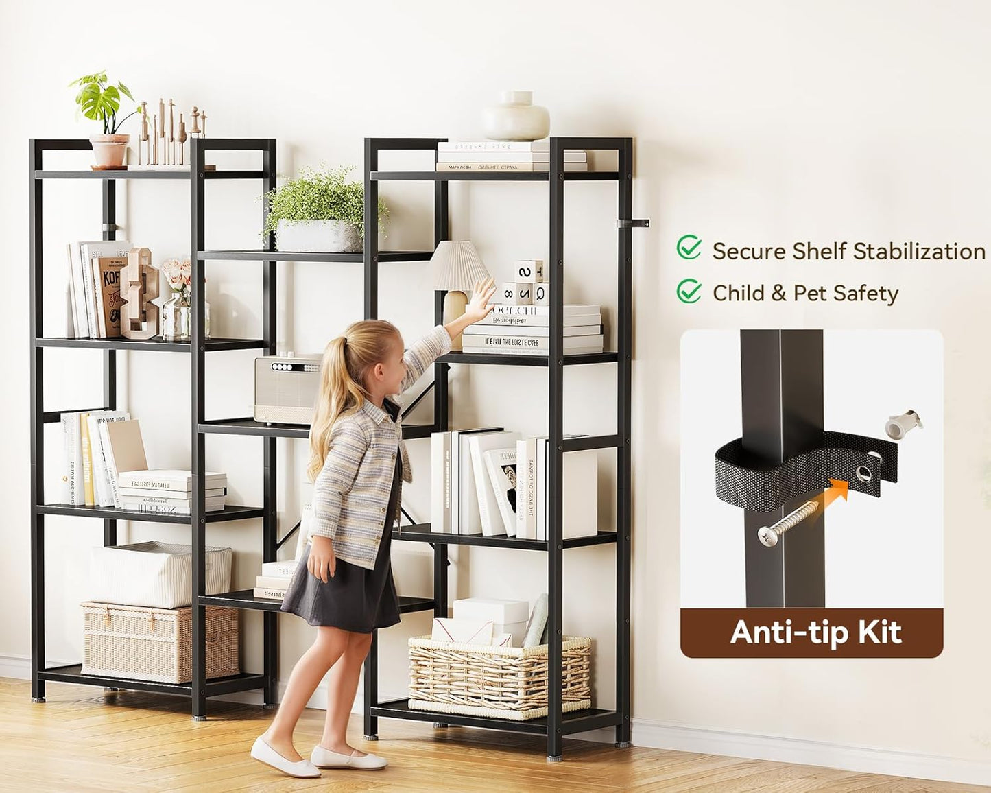 Casaottima Triple 4 Tier Bookshelf, Large Bookcase with 11 Open Display Shelves, Modern Industrial Book Shelves Book Case for Bedroom, Wide Standing Shelving Unit for Living Room Home Office, Black