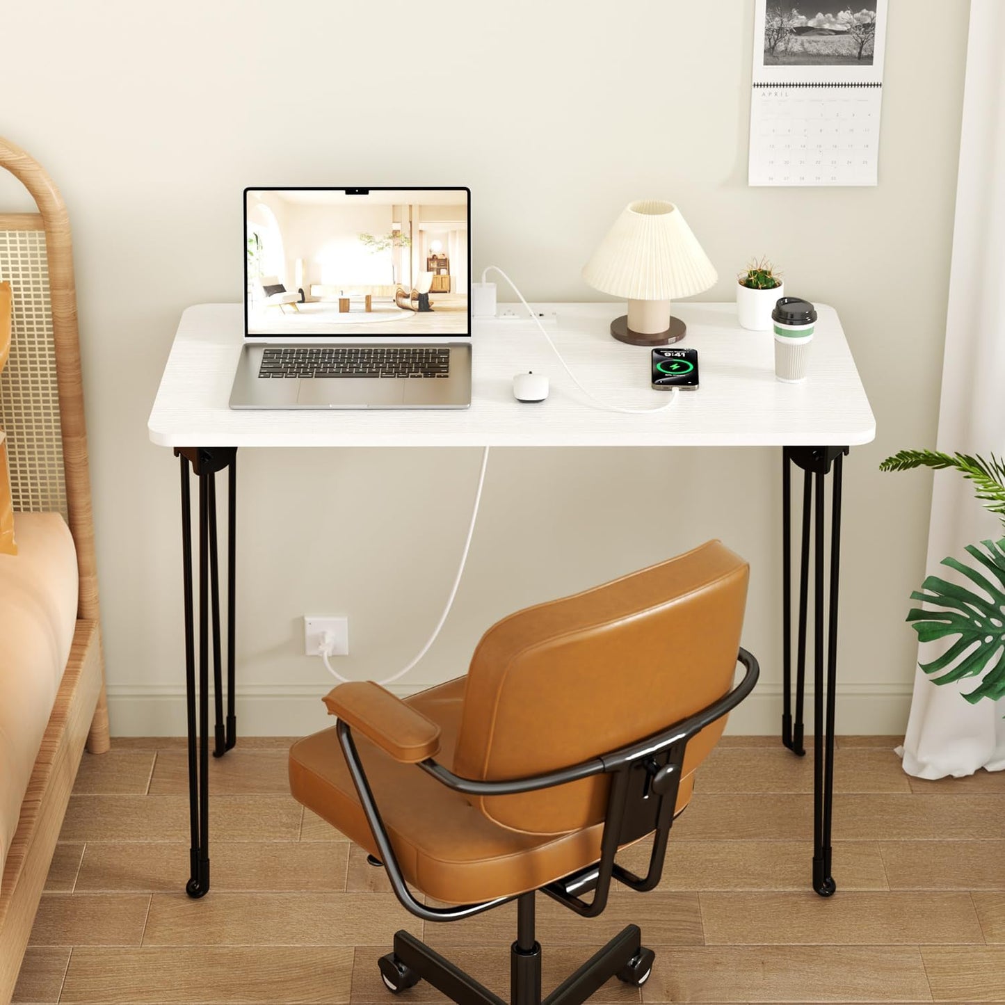 Folding Desk, 31.5" Hairpin Legs Small Desk with Power Strip for Bedroom, Space Saving Foldable Computer Desk for Home Office, No Assembly Need,White