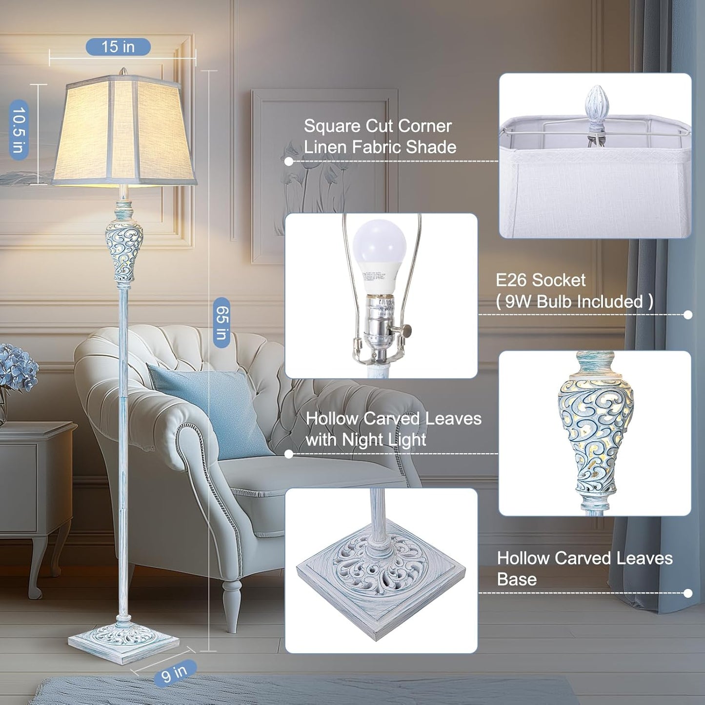 Vintage Floor Lamp with Nightlight, 65" Retro Standing Lamp with White Linen Shade, Washed Blue Finish Farmhouse Style Design Tall Lamp Decor for Living Room Bedroom Study Home Corner (Bulb Included)