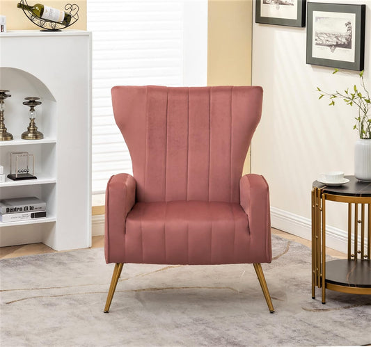 Container Furniture Direct Modern Velvet Accent Chair, Channel Tufted Bedroom, Office or Living Room Furniture with Elegant Metal Legs, 26" Wide Armchair, Rose