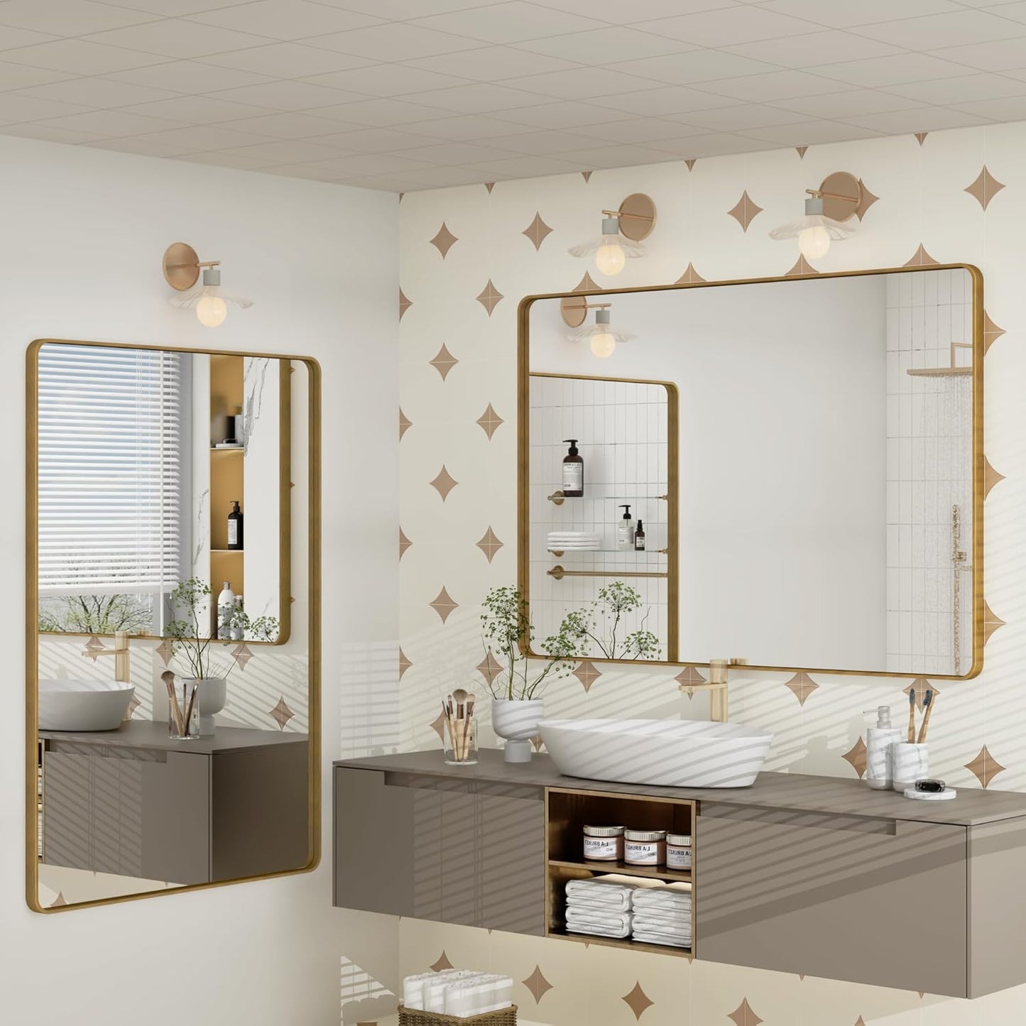 55x40 Inch Gold Bathroom Mirror, Brushed Metal Frame Gold Vanity Mirror, Large Rectangle Mirror for Wall, Rounded Corner, Shatterproof, Anti-Rust (Horizontal/Vertical)