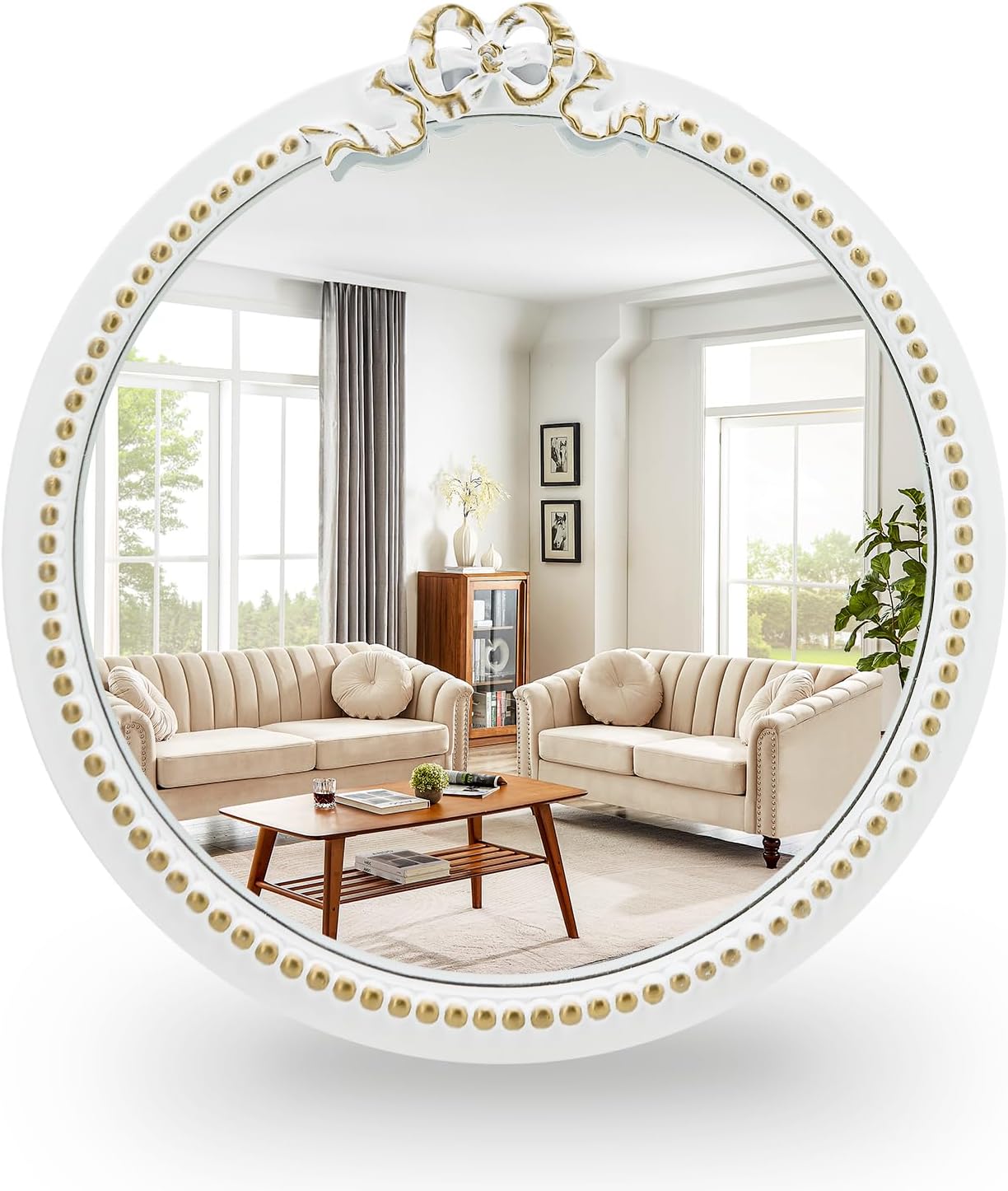 Vintage Round Wall Mirror 11.8inch Small Farmhouse Wooden Vanity Mirror for Wall Decor, Decorative Antique White Nursery Mirrors, Traditional Art Home Bow Decor for Living Room,Bedroom