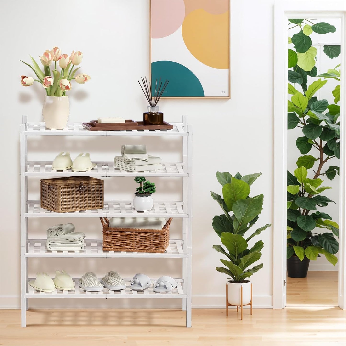 Haddockway 5 Tier Bamboo Shoe Rack Storage Organizer, Multifunctional Free Standing Stackable Shoe Shelf with Grid Panel for Closet,Hallway,Entryway,Small Space 27"x11"x32" (White, 5 Tier)