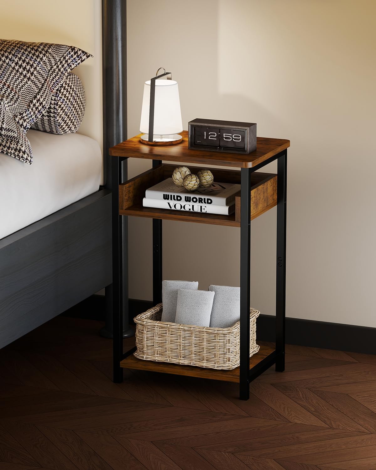 Side Table, 25 inch High End Table, Small Bedside Table for Living Room, Bedroom and Office, Rustic Brown & Black