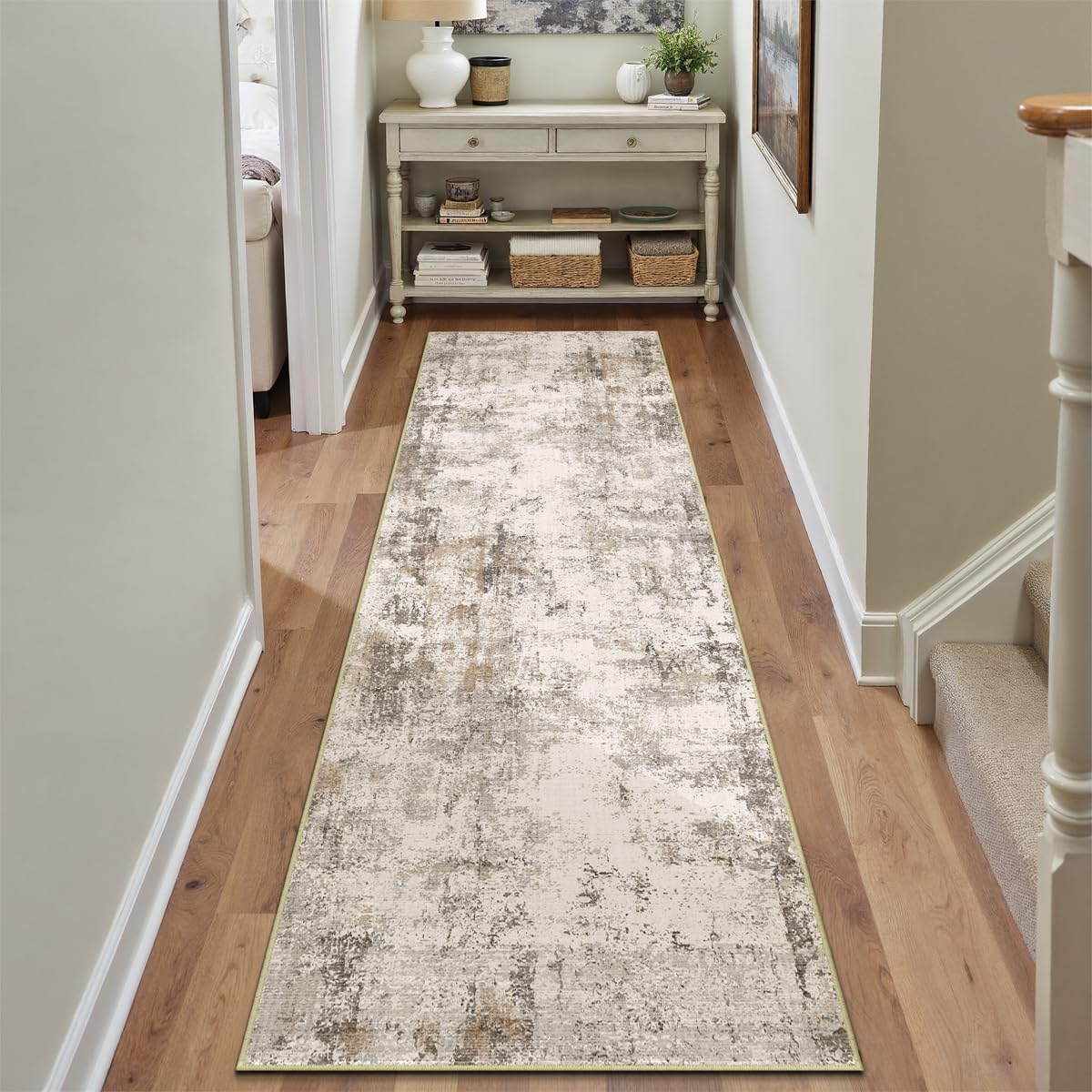 2x12 Washable Runner Rug Brown Grey Neutral Abstract Hallway Kitchen Living Room Bedroom Non Slip Throw Rug Soft Low Pile Indoor Carpet for Entrance Laundry Bathroom