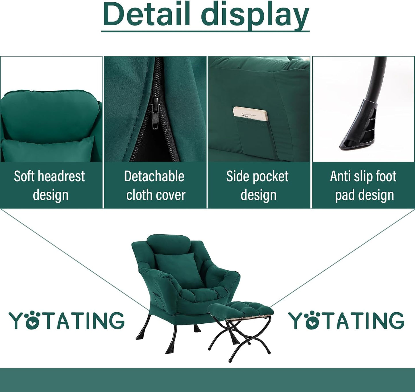 Lazy Chair with Ottoman, Comfy Reading Chair with Footstool & Pillow Modern Lounge Chairs with Armrests & Side Pocket for Living Room, Bedroom, Dorm Room，Dark Green