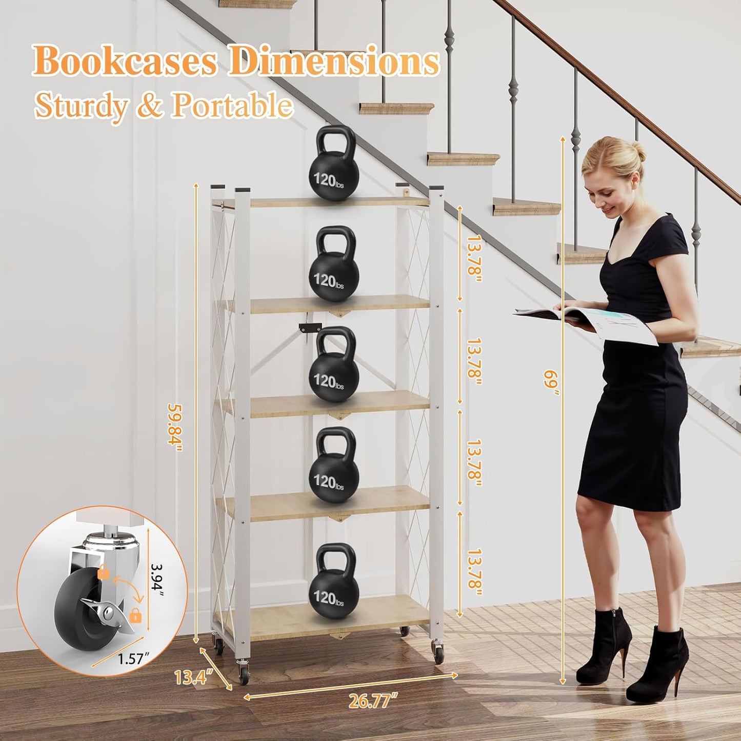 BAOYOUNI 5-Tier Vintage Industrial Bookshelf - No Assembly Folding Storage Shelf with Woodgrain Finish | Collapsible Metal Bookcase for Living Room, Office & Bedroom