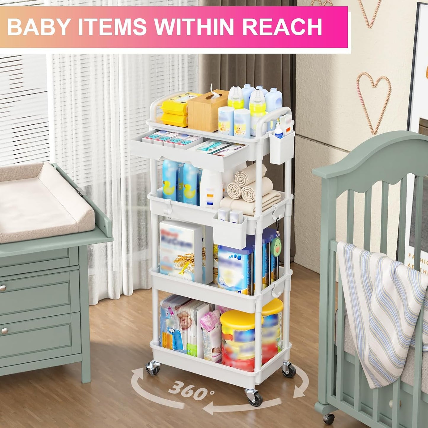 Goovilla 4 Tier Rolling Utility Cart Organizer with Removable Drawer, Stable and Sturdy White Rolling Storage Carts with 2 Lockable Wheels for Bathroom, Kitchen, Snack, Craft, Makeup, Baby Essentials