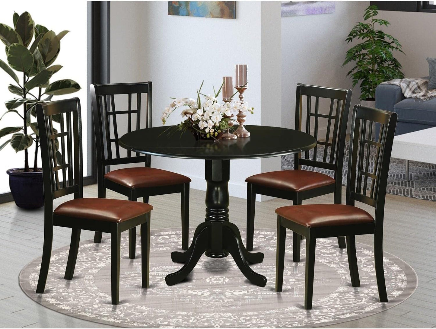 East West Furniture DLNI5-BLK-LC 5 Piece Dining Set Includes a Round Dining Room Table with Dropleaf and 4 Faux Leather Upholstered Kitchen Chairs, 42x42 Inch, Black