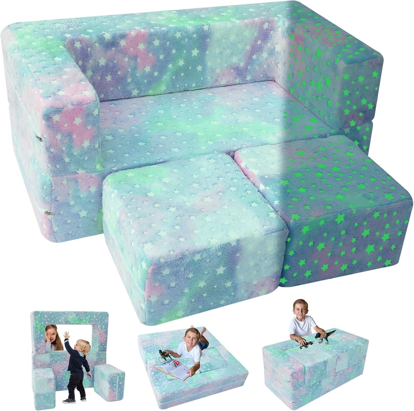 MeMoreCool Kids Play Couch for Playroom, Toddler Glow in Dark Sofa, Modular Bedroom Furniture