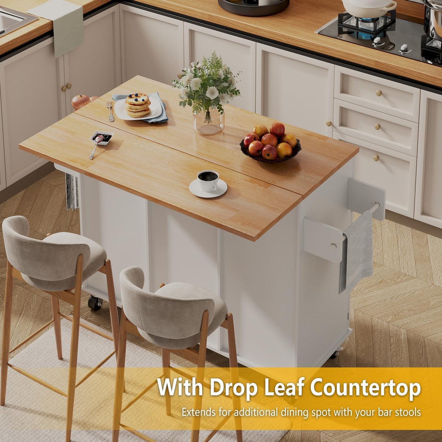 51.5'' Rolling Kitchen Island with Storage Cabinet & Drawers, Drop Leaf Kitchen Cart on Wheels, Farmhouse Portable Mobile Islands, Large Butcher Block Table with Tower/Spice Rack, White