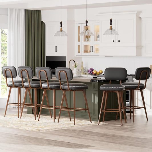 Swivel Bar Stools Set of 6, Mid Century PU Leather Counter Height Bar Chairs with Low Back and Metal Legs, Modern Bar Stool Chair for Kitchen Island, Black