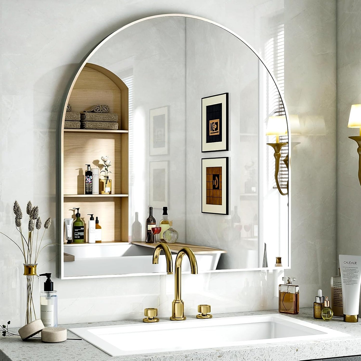 Arched Bathroom Mirror, 32x34 Inch - Wall Mounted Vanity Mirror with Aluminum Alloy Frame - Ideal for Living Room, Bedroom, Bathroom, and Entryway, Hanging or Leaning,Sliver