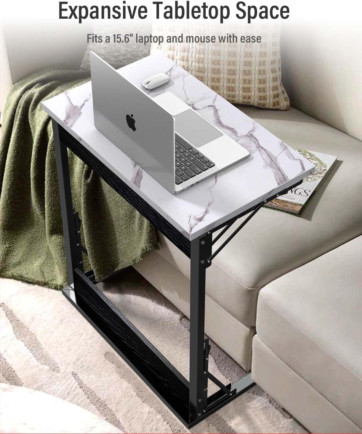 Tatub 24" Folding TV Tray Table, Marble C Shaped End Table for Couch, Small Sofa-Side Laptop Desk with Black Metal Frame for Living Room, Bedroom, Bedside