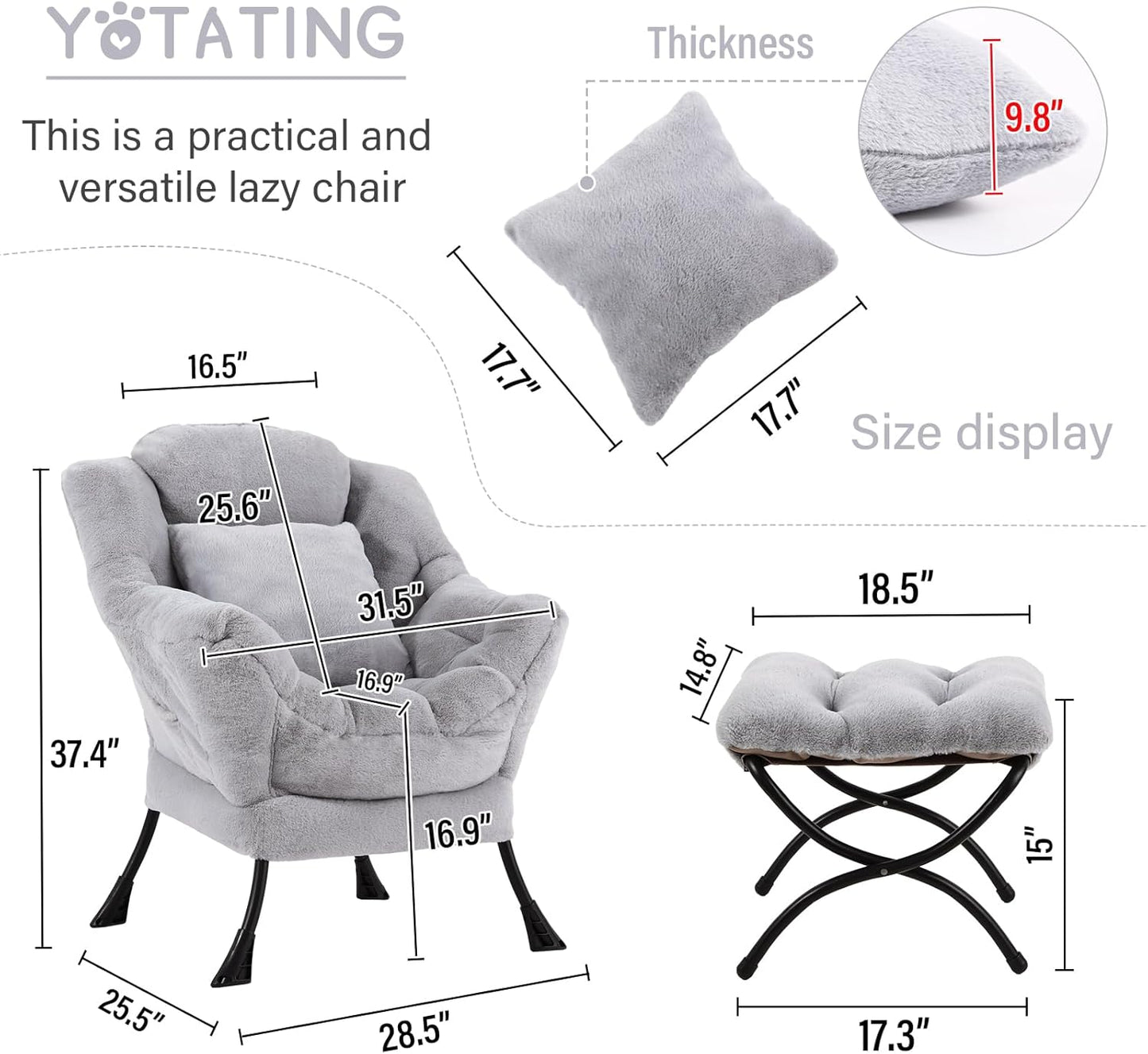 Lazy Chair with Ottoman, Comfy Reading Lounge Chair with Footstool & Throw Pillow Modern with Armrests & Side Pocket for Living Room, Bedroom, Dorm Room, Plush Grey