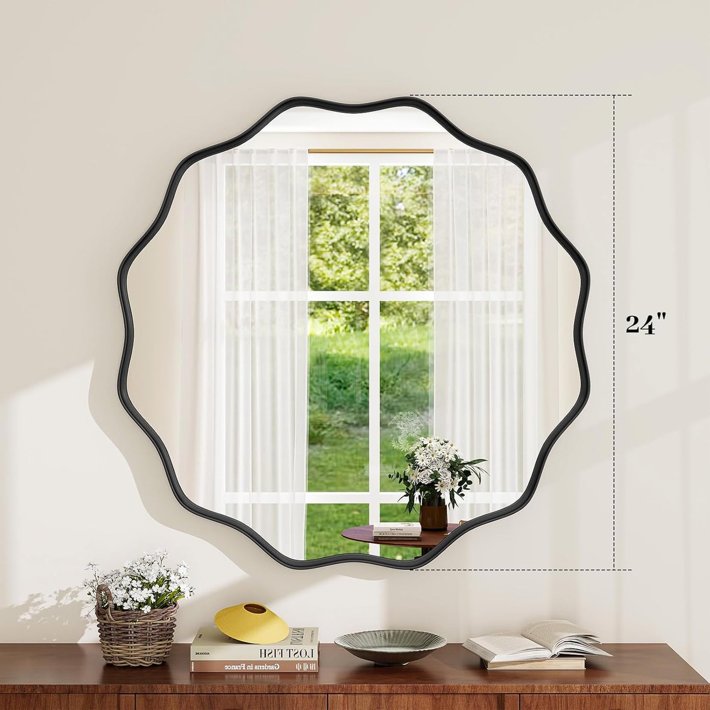 Round Wavy Mirror, 24 Inch Metal Frame Circle Mirror, Round Wall Mounted for Entryway, Bathroom, Vanity, Living Room, Black