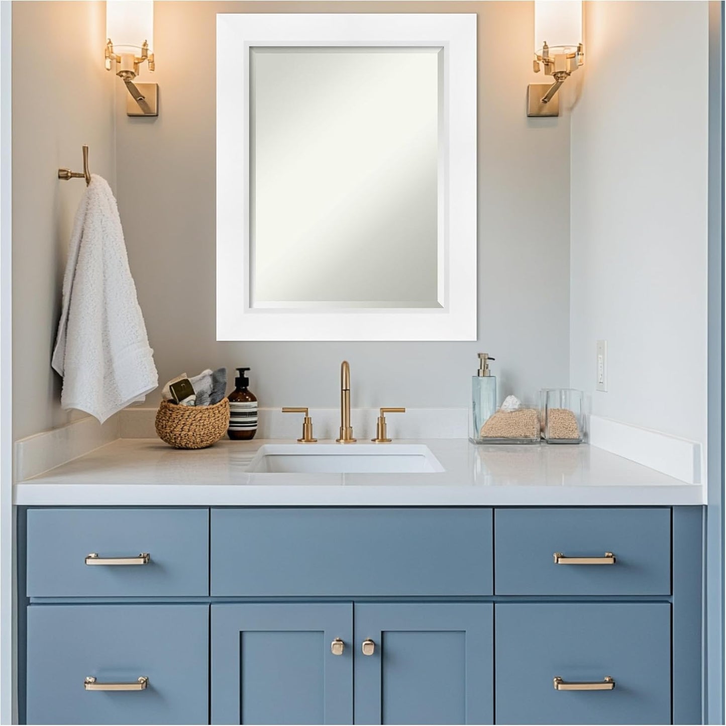 Amanti Art White Bathroom Mirror for Over Sink, 30x24 Sloped White Rectangle Vanity Mirror, Medium Modern Contemporary Frame, Hangs Horizonally and Vertically, Bathroom Wall Decor, Beveled Edge