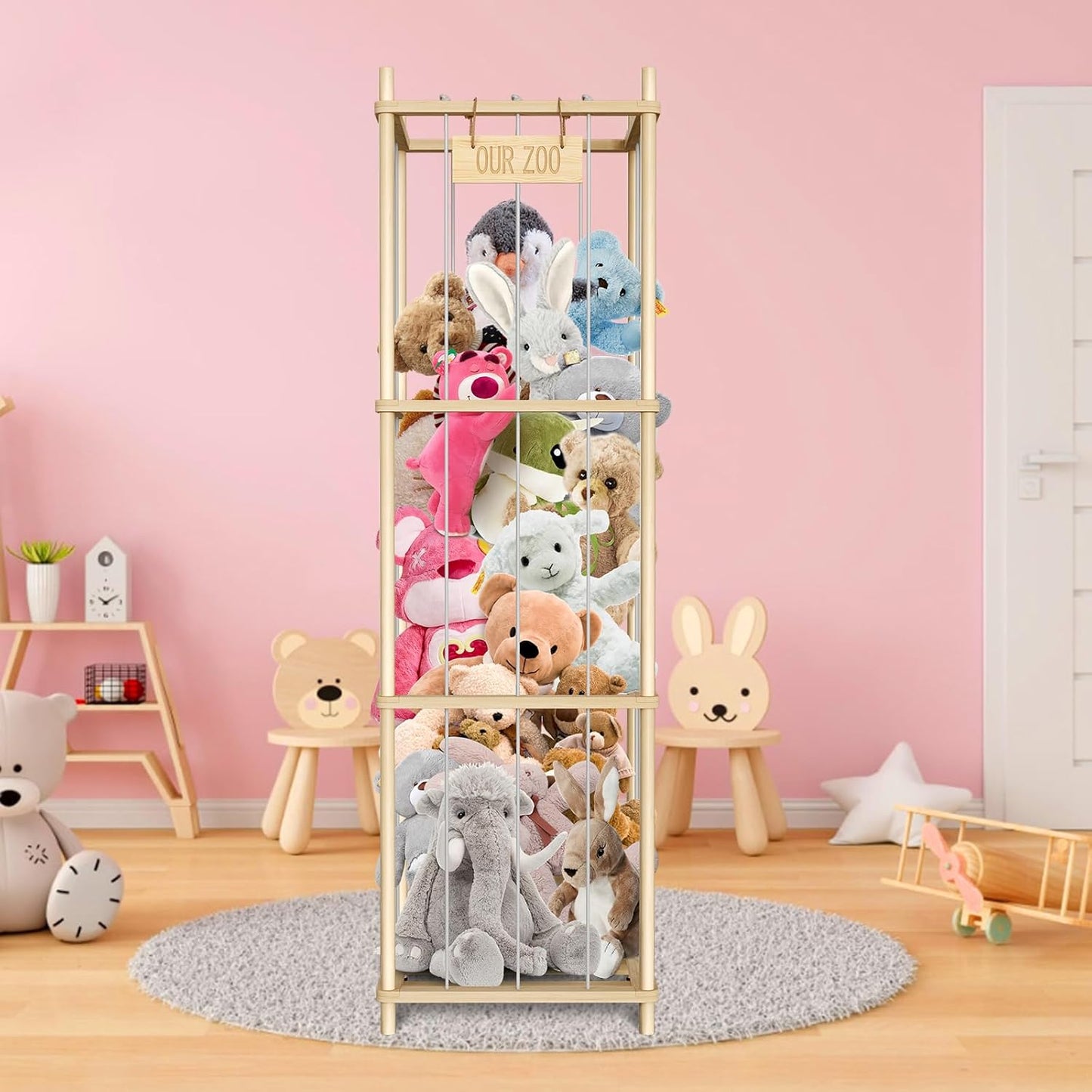 Stuffed Animal Storage, Wood Stuffed Animal Zoo Storage, 54 inch Large Plushy Organizers, Space Save Vertical Stuffed Animals Holder Holds 50+ Stuffed Animals for Nursery Playroom Bedroom (Log Color)
