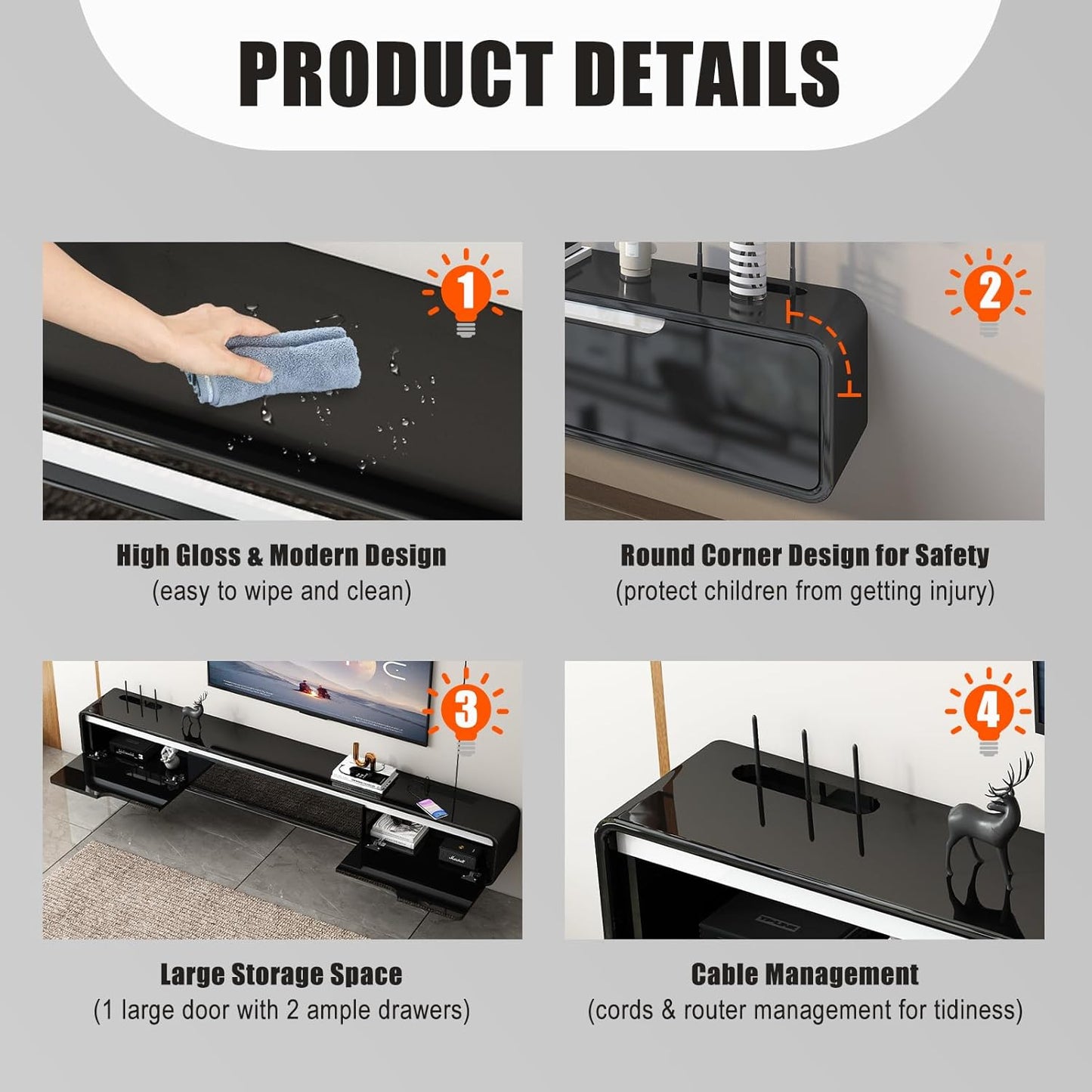 CENOVE High Gloss Floating TV Stand with 3 Doors,70.8'' Wall Mounted TV Cabinet,Under TV Console,Floating Media Shelft for Bedroom Living Room(Black