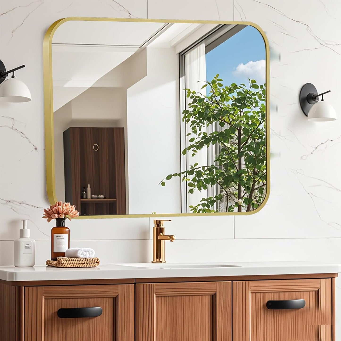 40x30 Inch Gold Mirror, Framed Rectangle Mirror with Rounded Corner, Brushed Brass Mirror, Gold Bathroom Mirror for Over Sink, Vanity, Living Room, Bedroom, Horizontal/Vertical