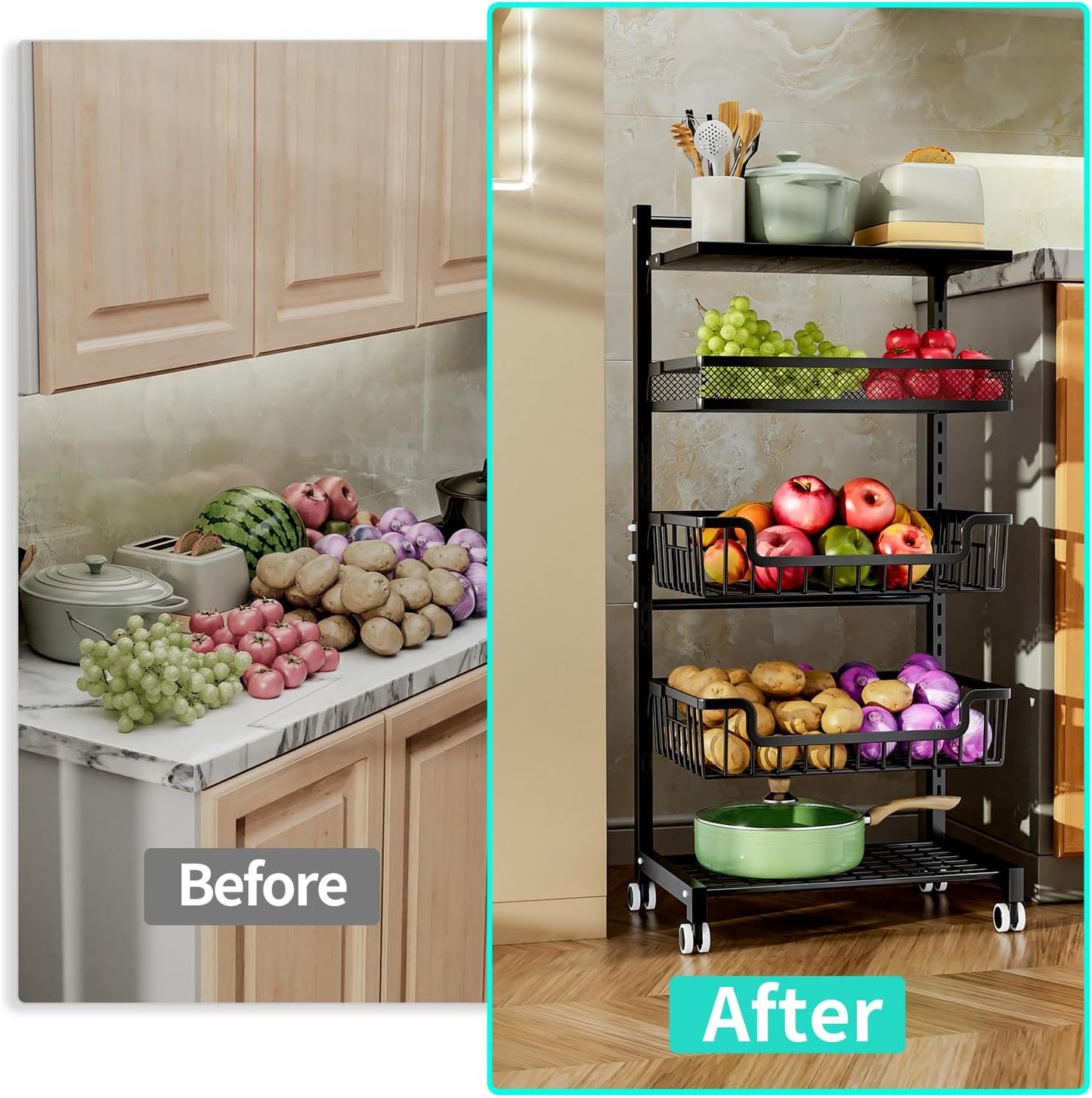 HapiRm Fruit Basket Kitchen Cart - 5 Tier Adjustable Vegetable Storage Rack, Large Capacity Rolling Kitchen Carts on Wheels for Snack Onion and Potato Storage