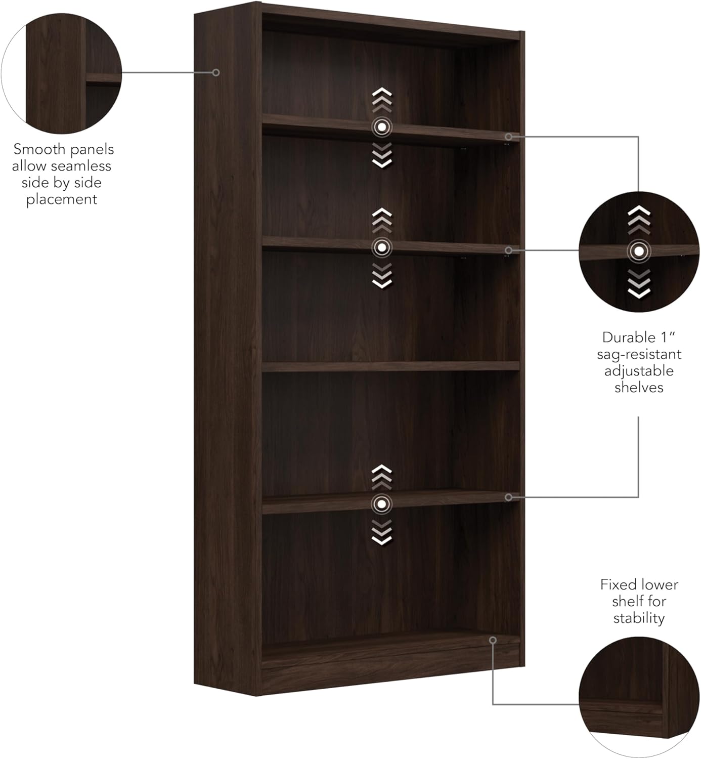 Bush Furniture Universal Tall 5 Shelf Bookcase in Black Walnut, Vertical Storage and Display Bookshelf for Home Office or Living Room Organization