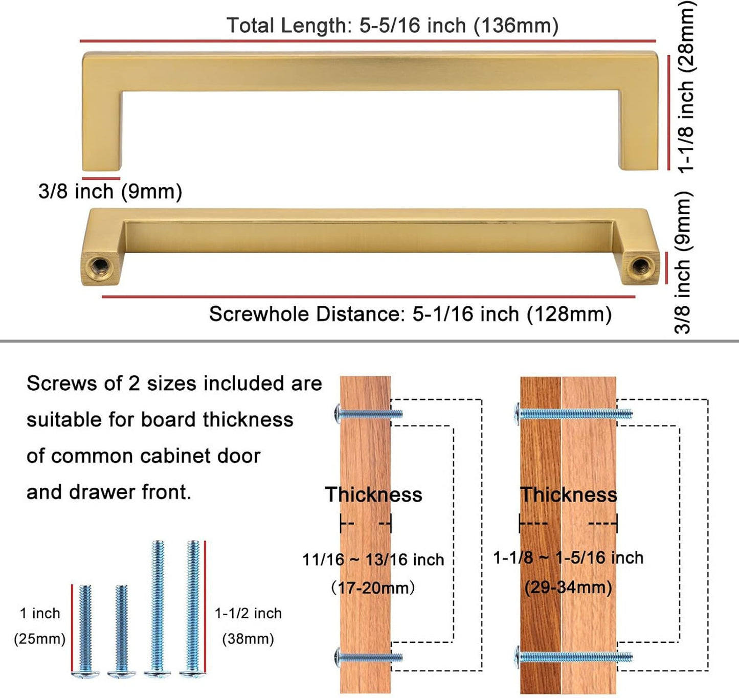 KOOFIZO Solid Square Bar Cabinet Handle - Brushed Gold Furniture Pull, 5 Inch/128mm Screwhole Distance, 10-Pack for Kitchen Cupboard Door, Bedroom Dresser Drawer, Bathroom Wardrobe Hardware