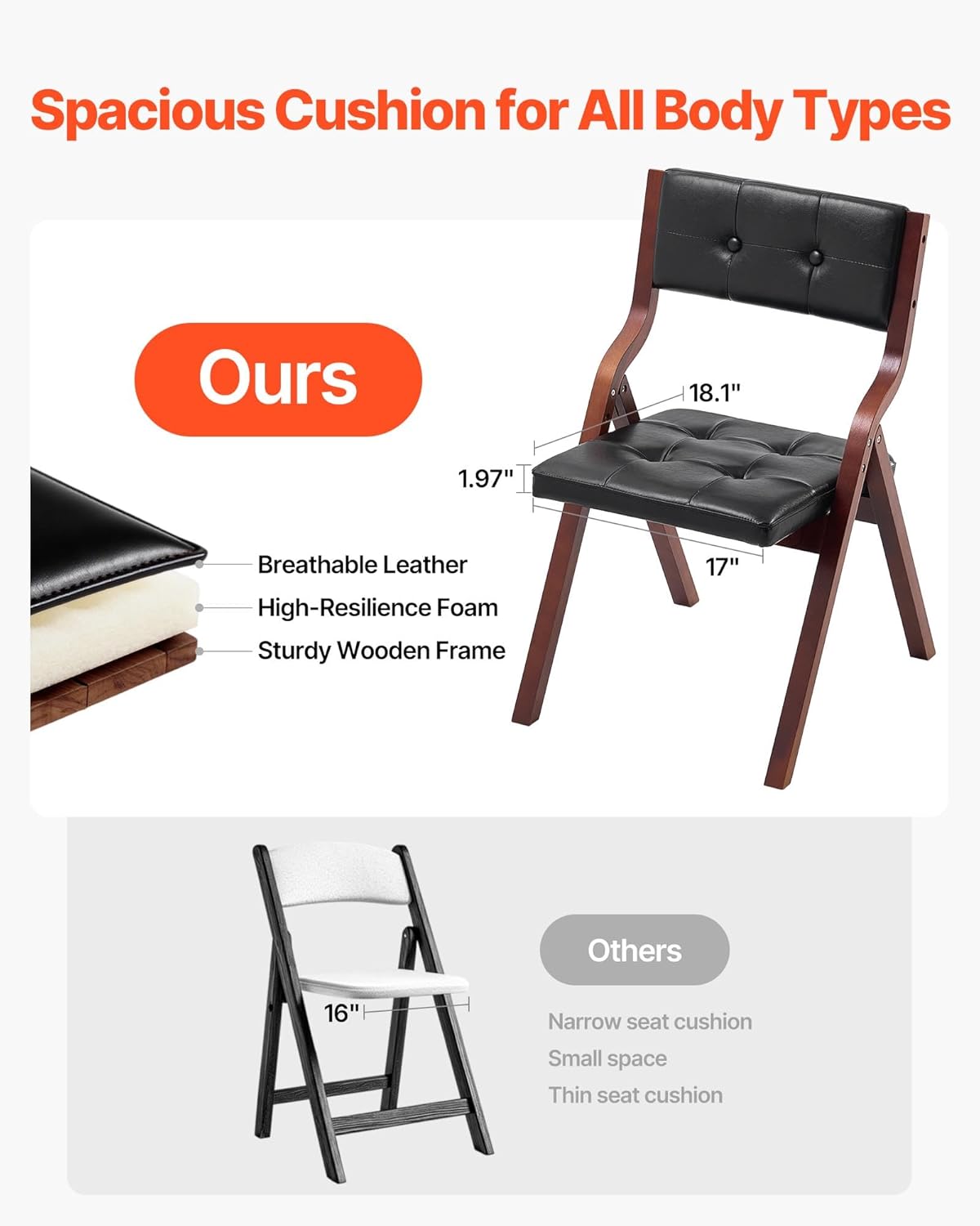 VEVOR Wooden Folding Chairs with Leather Cushion, Set of 2, Portable Foldable Cushion Chair with Wooden Frame, Easy Assembly, Modern Leather Padded Dining Chair for Office, Wedding, Party, Home, Black