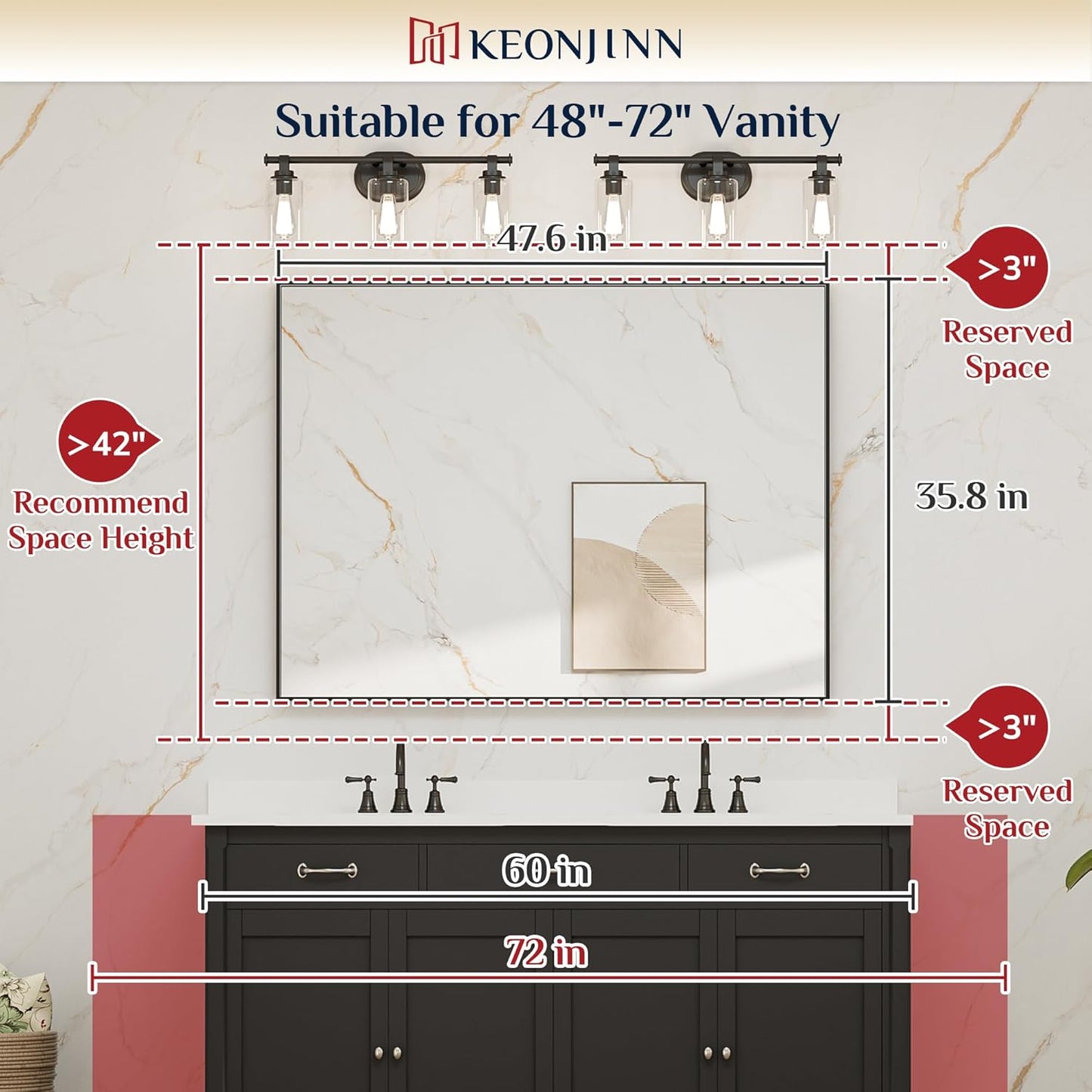 Keonjinn 48 x 36 Inch Silver Bathroom Mirror for Over Sink Large Rectangle Wall Mirror Brushed Metal Framed Square Corner Vanity Mirror Wall Mounted Rectangular Farmhouse Mirror(Horizontal/Vertical)