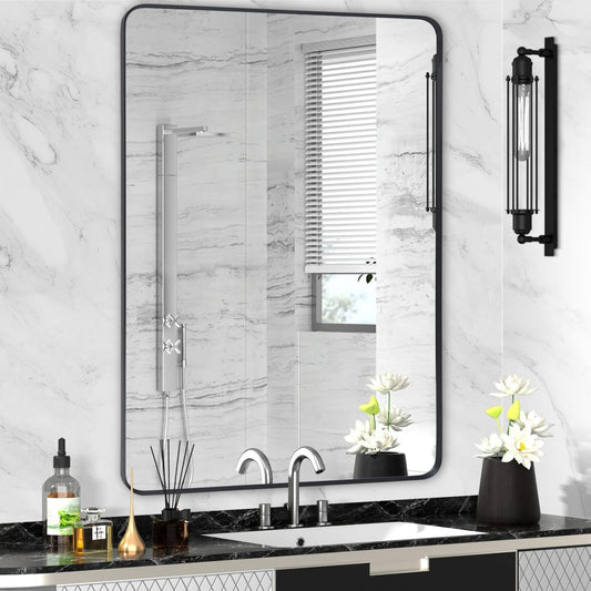 Wall Mount Mirror for Bathroom, Brushed Black Metal Framed Large Rounded Corner Rectangular Vanity Mirror, Tempered Glass, Anti-Rust, Hangs Horizontally or Vertically (30" x 40", Black)