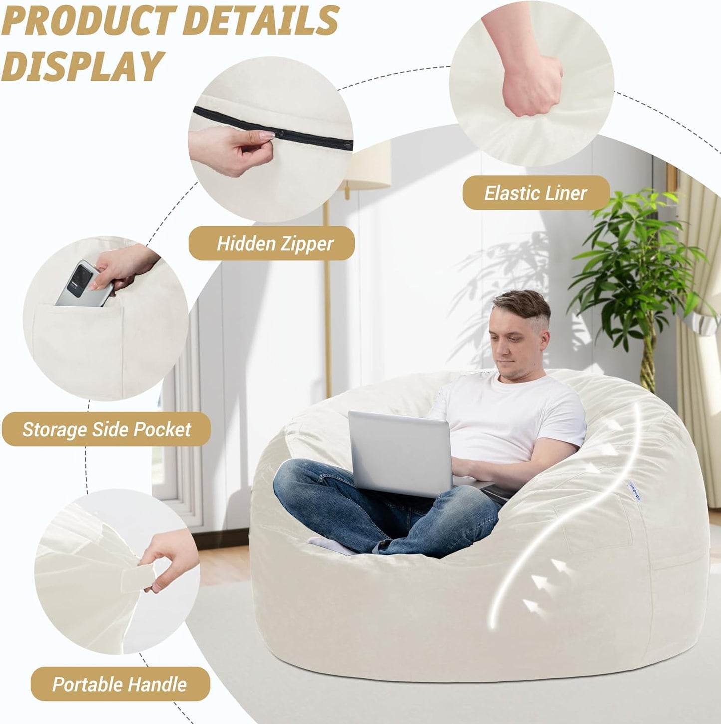 3FT Bean Bag Chair with Ultra Soft Velvet Cover Bean Bag Sofa with Memory Foam Bean Bag Chairs with Large Size Lazy Sofa for Dorm Office Living Room Bedroom Off White 3'