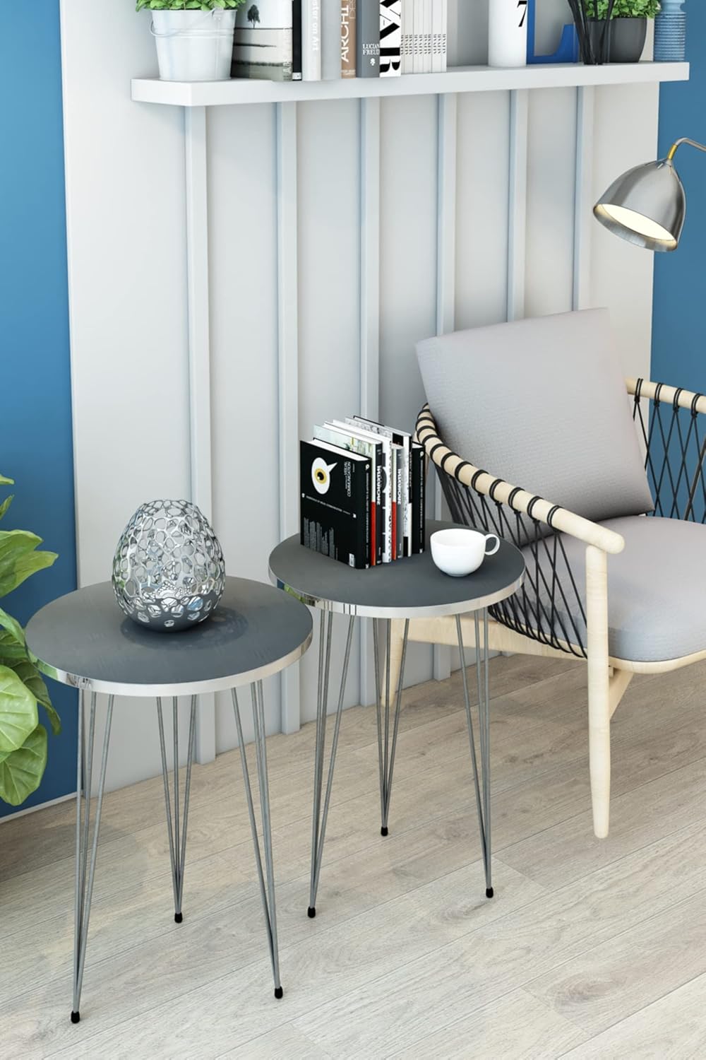 PAK HOME - Set of 2 End Table - High Gloss Grey Wood Round Sofa Side Coffee Tables for Small Spaces, Nightstand Bedside Table with Metal Silver Legs for Small Spaces