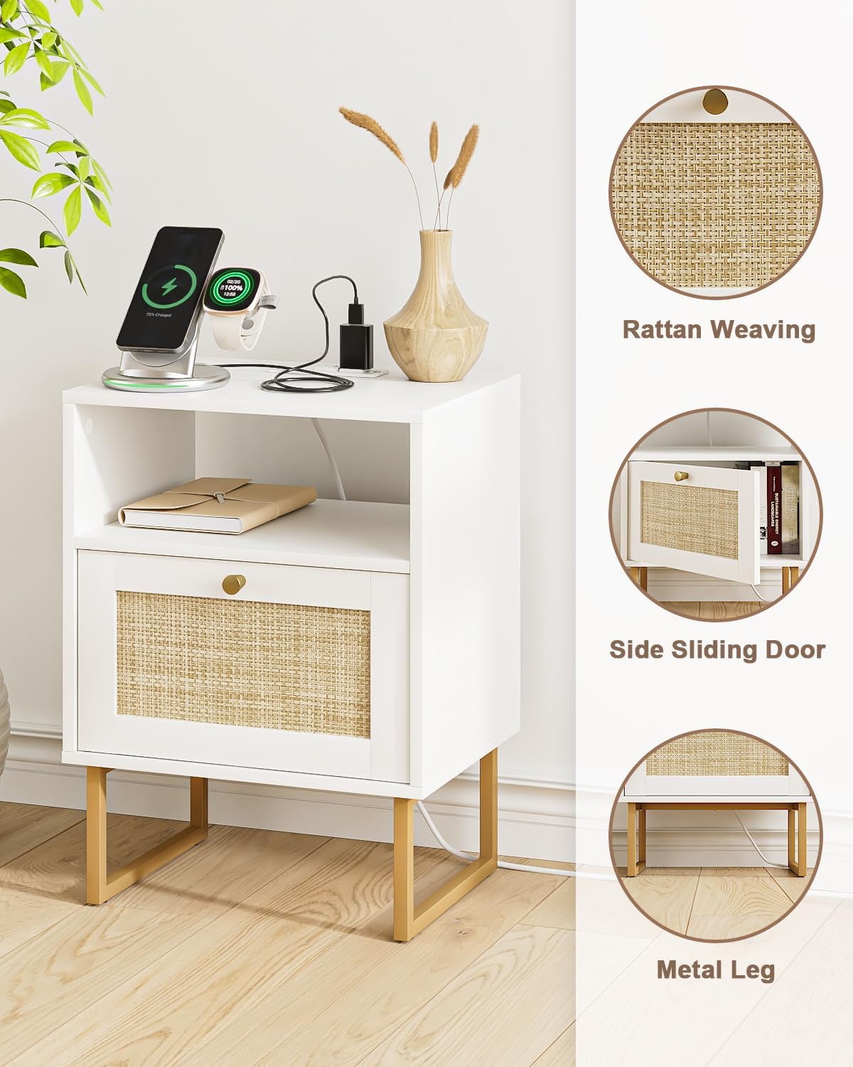 Masupu Rattan Nightstand with Charging Station,Modern Boho Farmhouse Wood Bedside Table with Storage Drawer and Open Shelf,Small Gold Frame Side End Table for Bedroom,Living Room,Office White