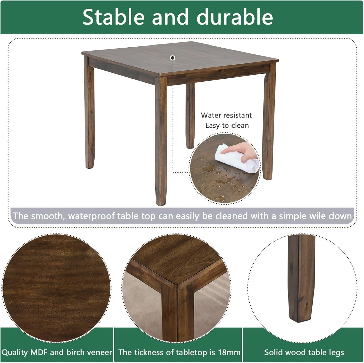 Dining Table Set, Wooden Kitchen Table Set with Square Table, 4 Flat X Backrest Upholstered Chairs, Table and Chairs with Non-Slip Feetmats for 4 People, Living Room and Kitchen, Walnut