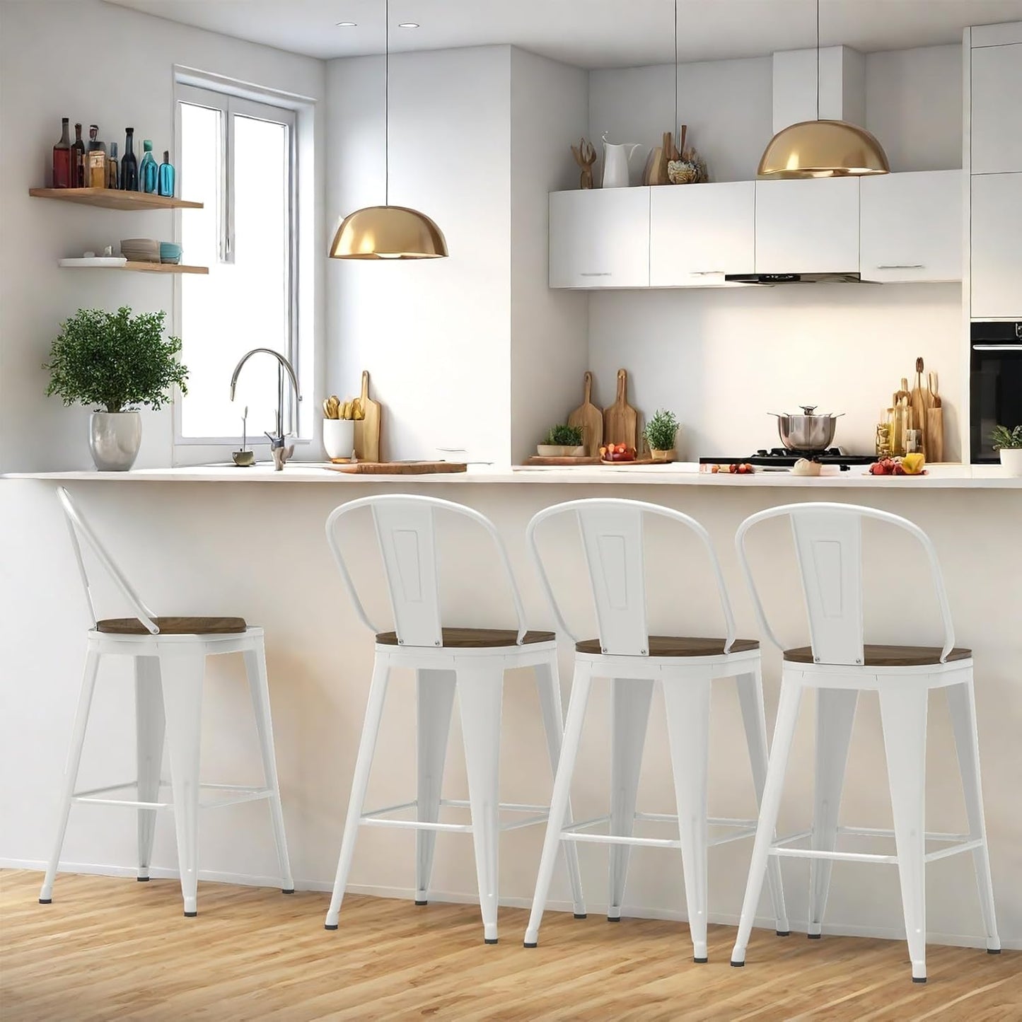 24” Swivel Bar Stools Set of 4, Counter Height Bar Stools Wooden Seat, Metal Industrial Bar Chairs with High Back for Kitchen Island (White)