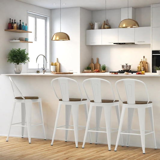 24” Swivel Bar Stools Set of 4, Counter Height Bar Stools Wooden Seat, Metal Industrial Bar Chairs with High Back for Kitchen Island (White)