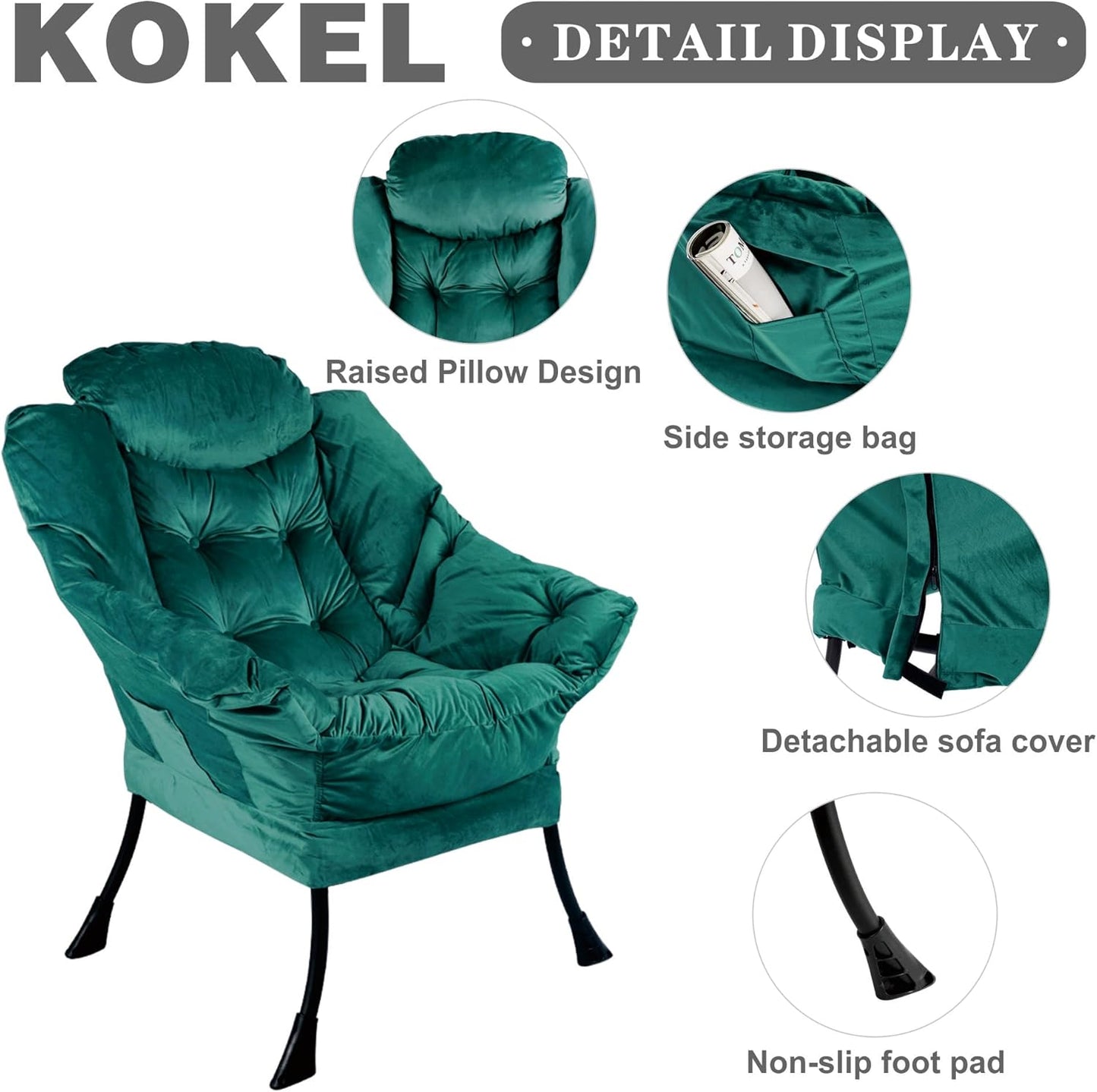 Lazy Chair with Folding Ottoman,Living Room Chairs, Accent Contemporary Lounge Chair, Single Steel Frame Leisure Sofa Chair with Armrests and A Side Pocket (DL56BLACKISH Green)