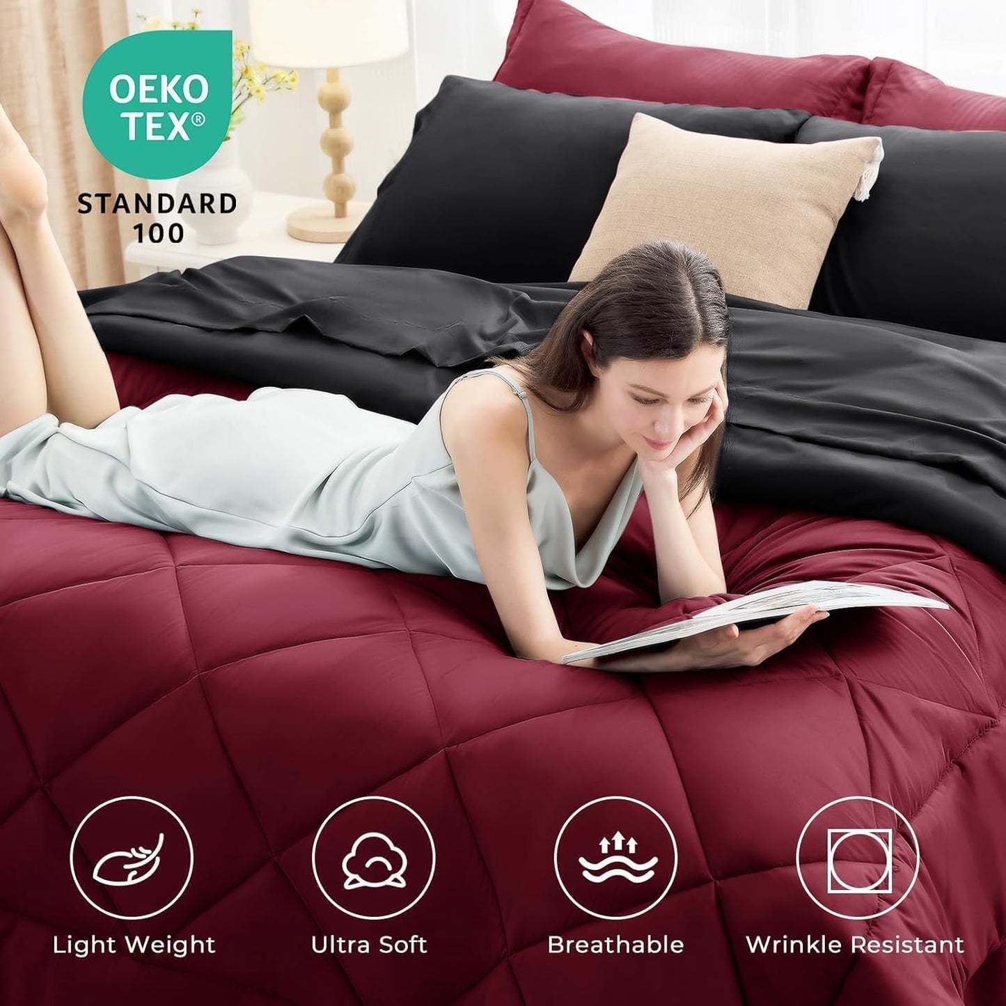 HEVUMYI Red & Black Cali-King Comforter Set - 7-Piece All Season Bed in a Bag Cali-King, Ultra Soft Burgundy Bedding Set with Comforter, Flat Sheet, Fitted Sheet, Pillowcases, Pillow Shams, Burgundy