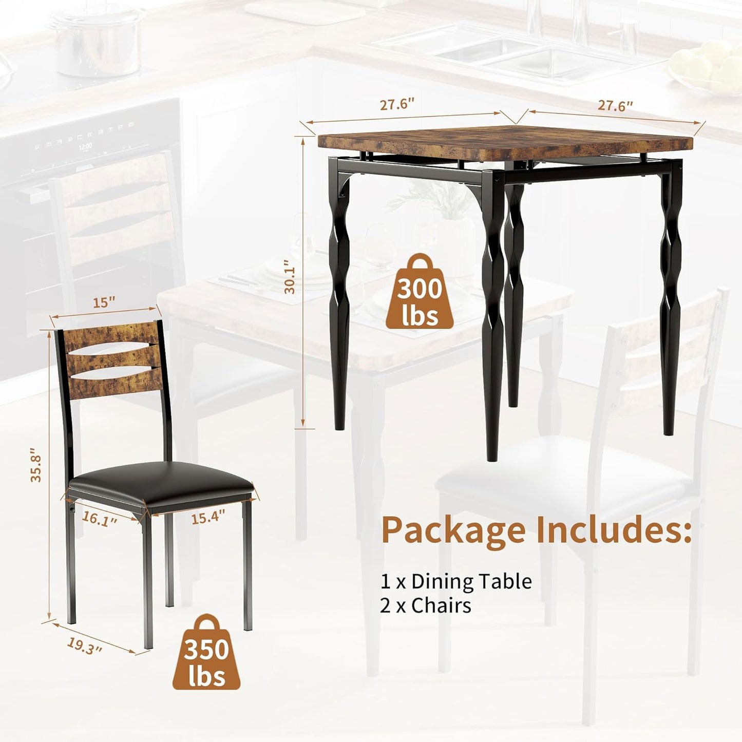 GarveeHome Dining Table Set for 2, Dining Table and Chairs Set of 2, 3 Piece Dining Table Set with Spiral Table Legs for Small Spaces, Kitchen, Apartment, Brown