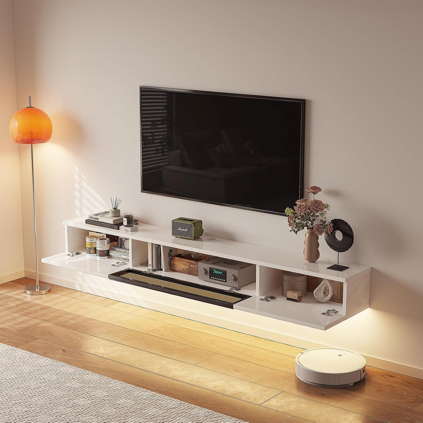 High Gloss Floating TV Stand,78'' Wall Mounted TV Console,Under TV Floating Shelf,Floating TV Cabinet with 3 Doors for Bedroom Living Room,White