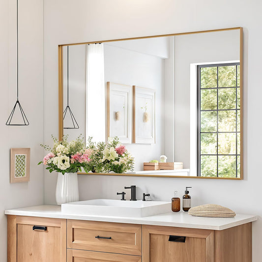 Melodieux Wall Vanity Bathroom Mirror for Over Sink, 30"x40" Rounded Rectangle Metal Deep Frame Wall Mounted Mirror Wall Decor for Living Room Hallway, Gold