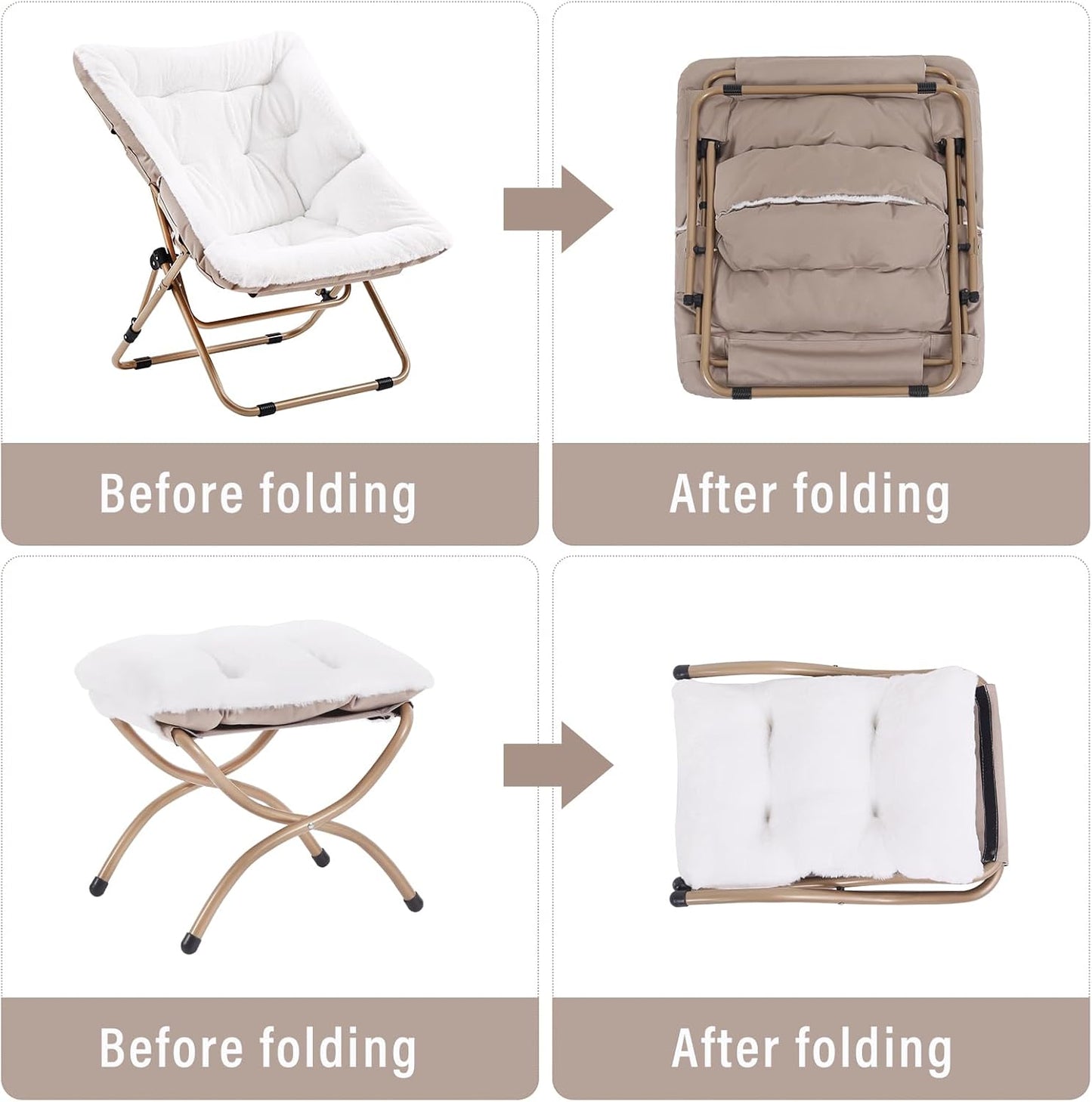 Comfy Folded Chair with Ottoman, Oversized Folding Faux Fur Chair Soft Furry Lounge Lazy Chair with Metal Frame Moon Chair Accent Chair for Bedroom, Living Room, Dorm Rooms