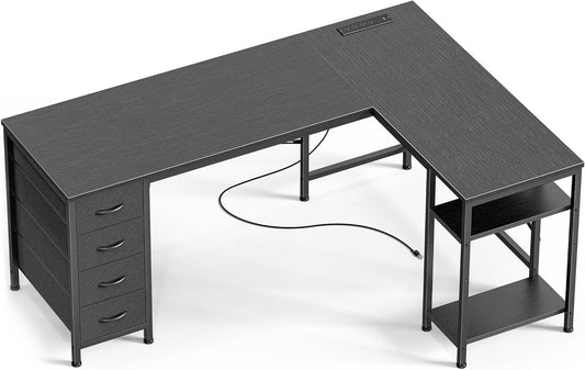 Huuger 55 Inch L Shaped Desk with Fabric Drawers, Reversible Computer Gaming Desk with Power Outlets and USB-C Port, Adjustable Side Storage Shelves, for Work Study Corner Home Office, Black