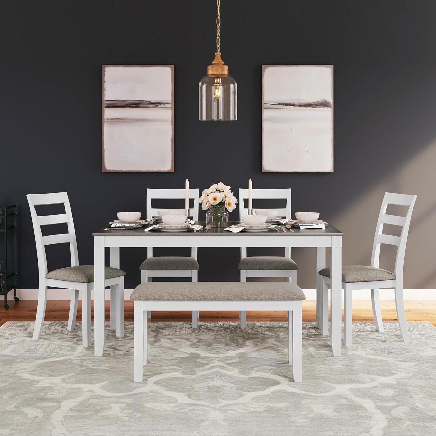Signature Design by Ashley Stonehollow Modern Farmhouse Dining Table with Upholstered Chairs and Bench, Set of 6, White & Gray