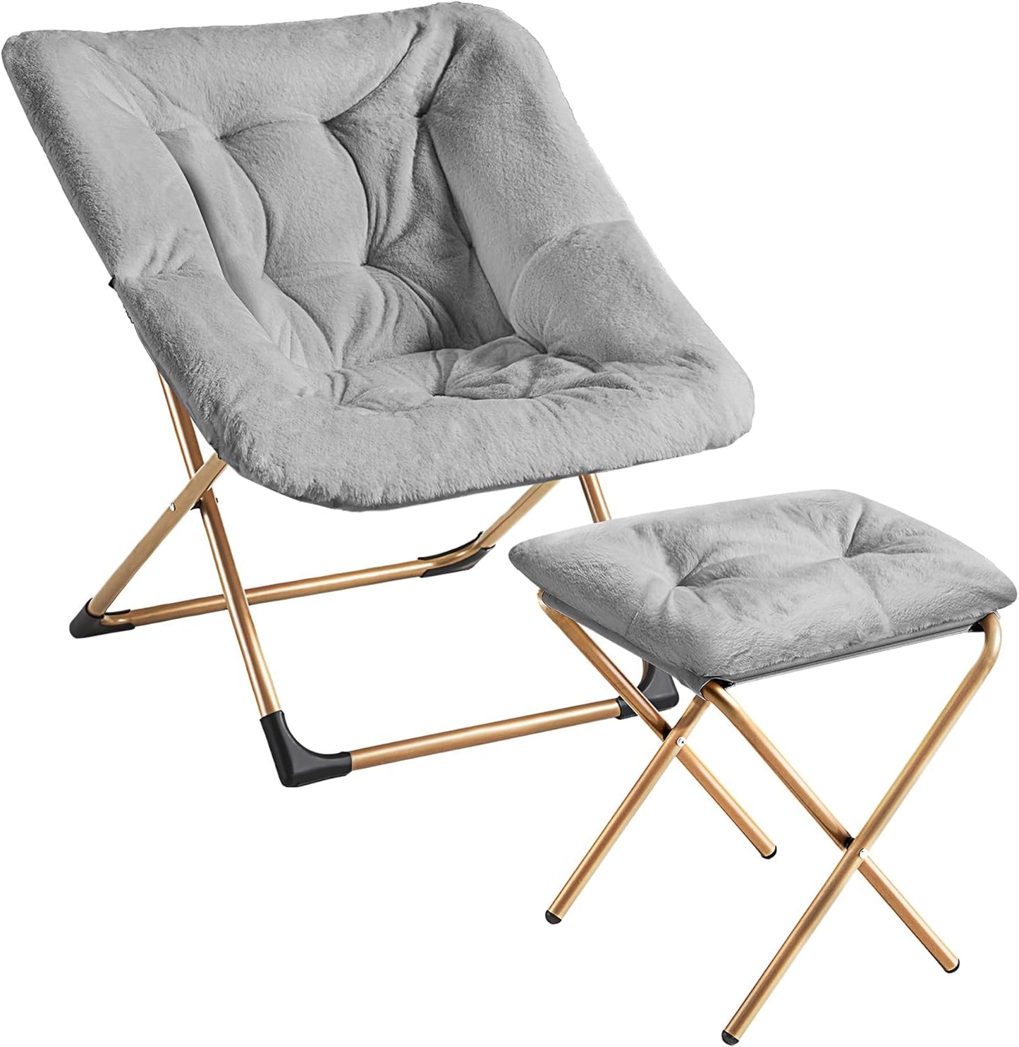 Comfy Oversized Saucer Chair with Ottoman,Soft Faux Fur Reading Lounge Chair for Adults,Stable X-Large Metal Frame and Non-Slip Pad,Cozy Chair for Bedroom, Living Room, Dorm, Light Gray